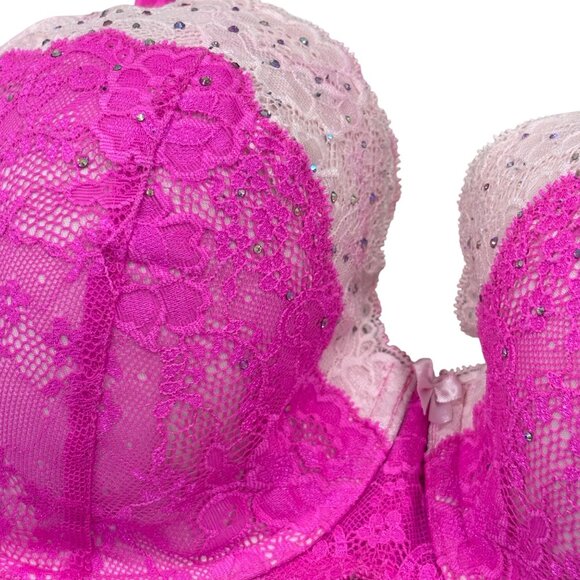 Victorias Secret Dream Angels Demi Bra 38D Pink & White Lace Rhinestones - Picture 5 of 7
